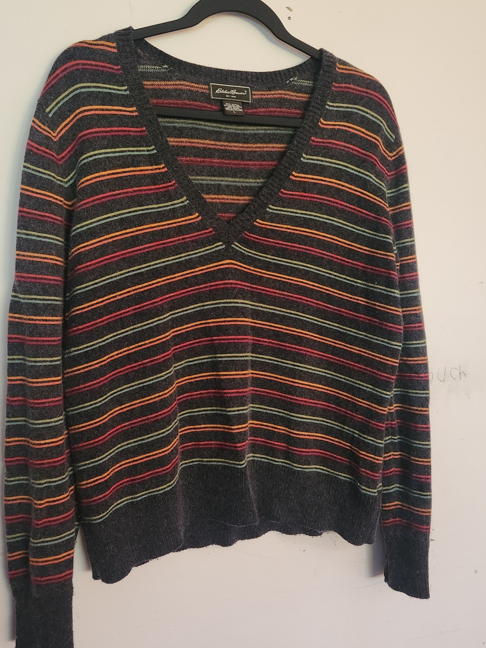 Eddie Bauer Dark Charcoal V-Neck Sweater with Rainbow Stripes